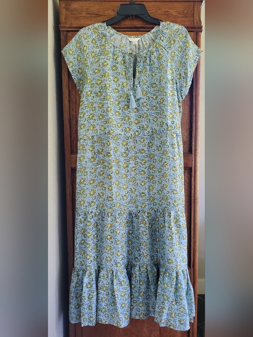 VOLOSHIN ZOYA TIERED PEASANT SILK MIDI DRESS IN SKY BLUE PRAIRIE FLORAL NWT XS